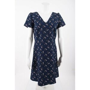 LOFT Womens A-Line Dress Sz 4 Navy Blue Printed Knee Length Short Sleeve NWT